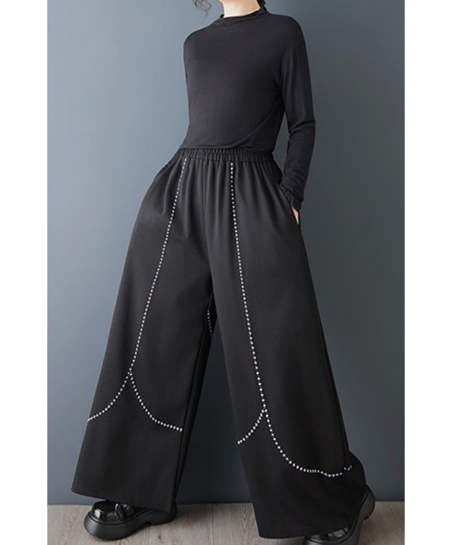dark embroidery color block wide pants EN2728
