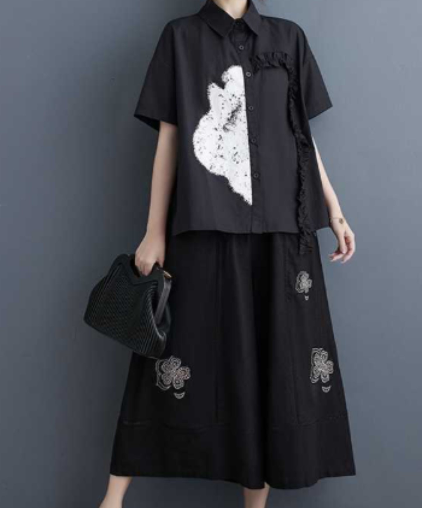 frill and ribbon splicing print shirt EN3080