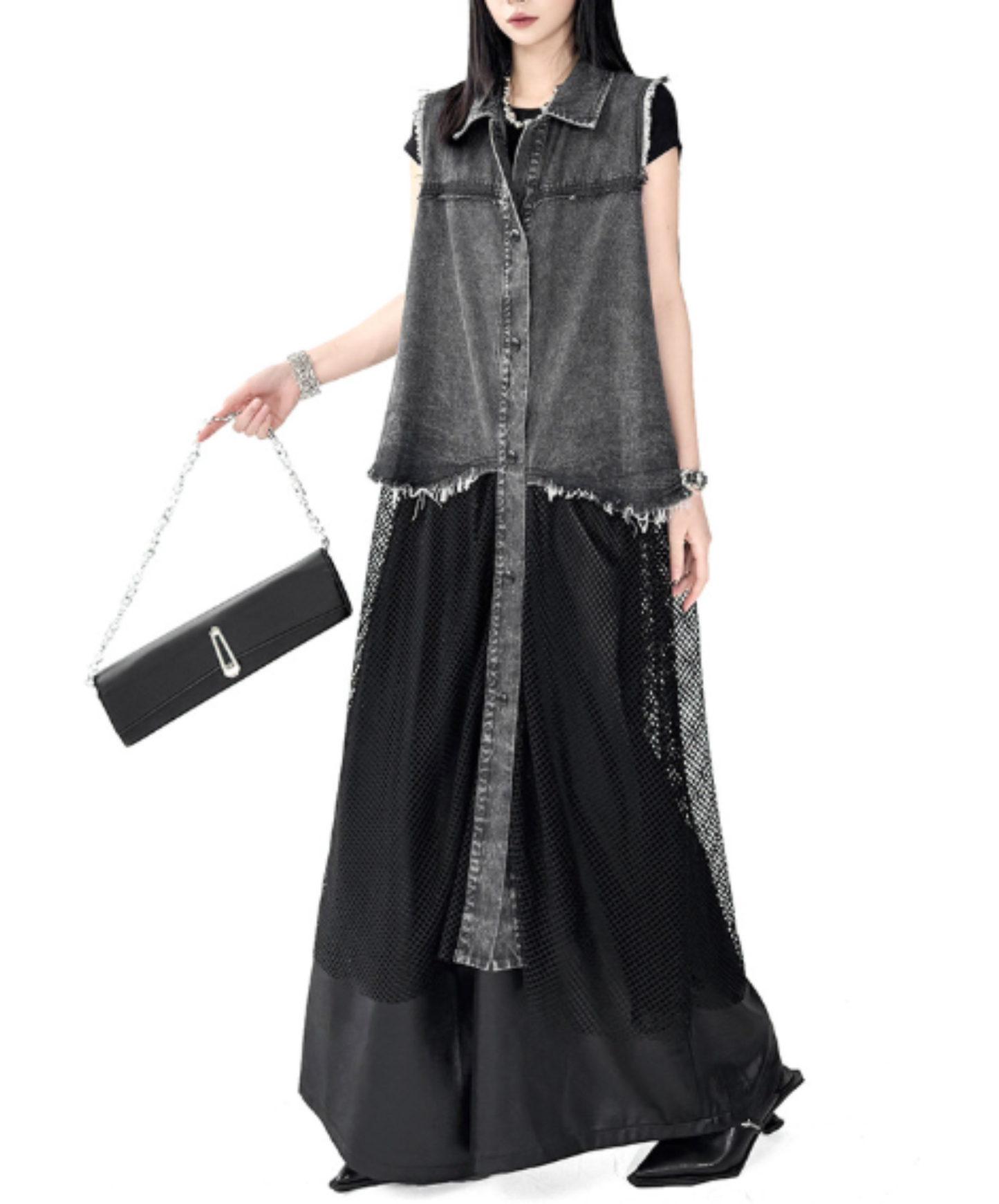 denim patchwork mesh long shirt EN3047