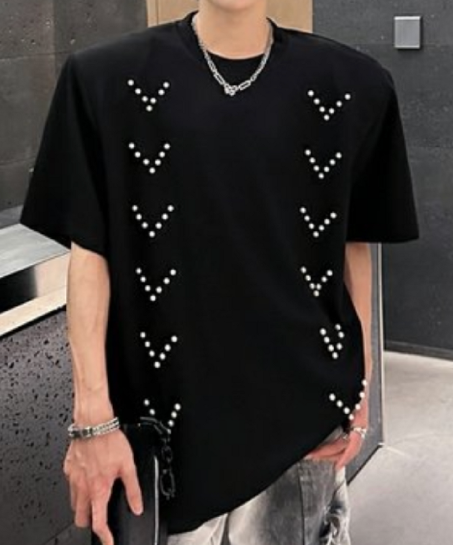 v pearl decoration t-shirt EN2090