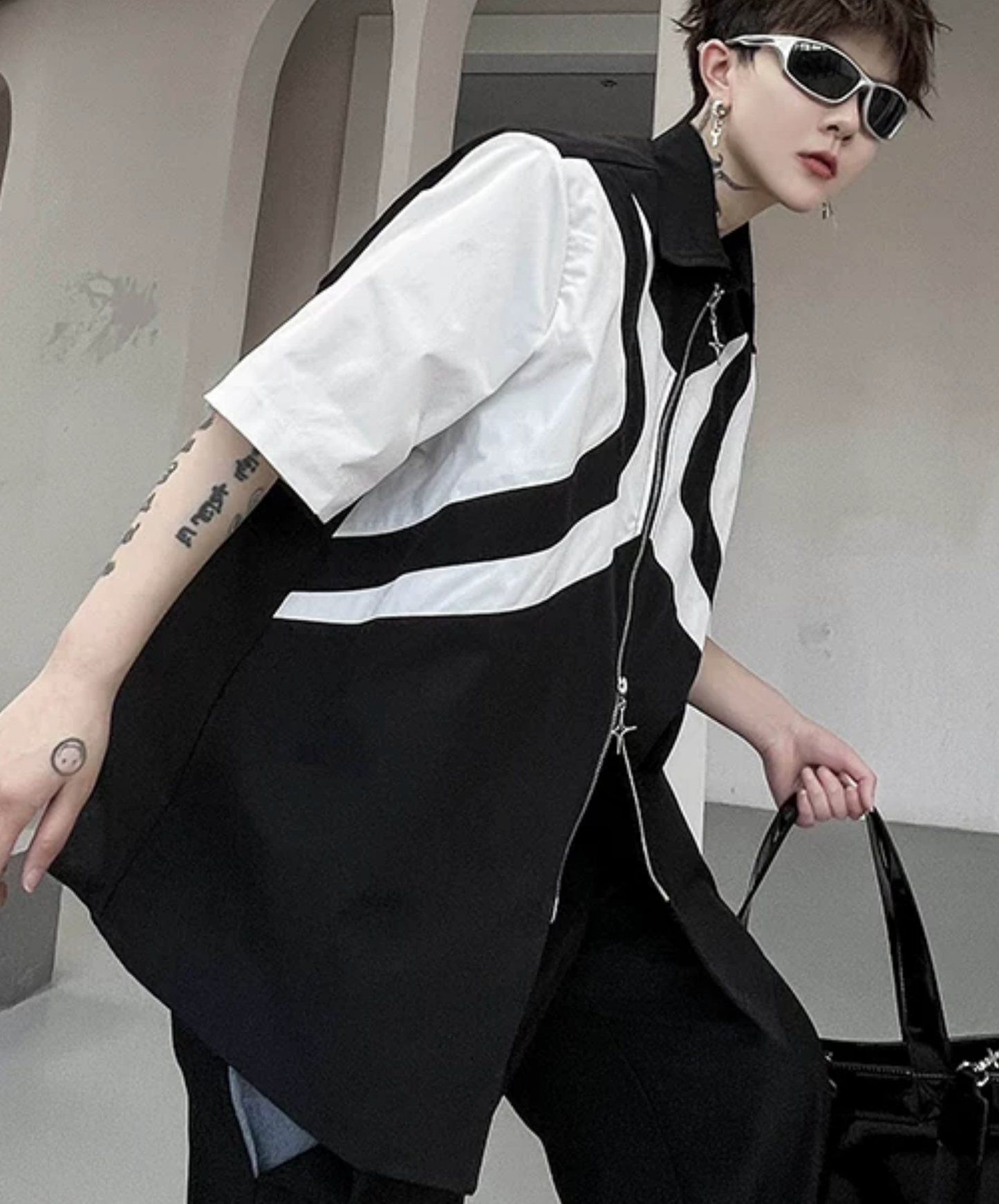 dark double zipper x design shirt EN2865