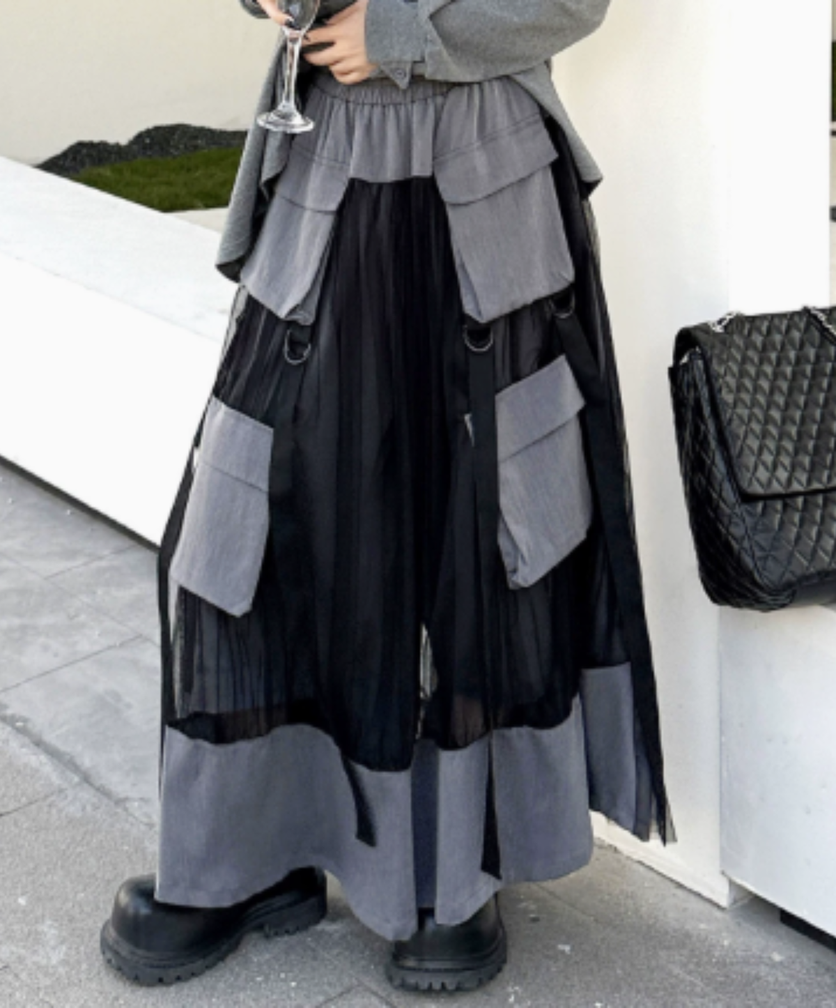layered mesh patchwork pants skirt EN3104