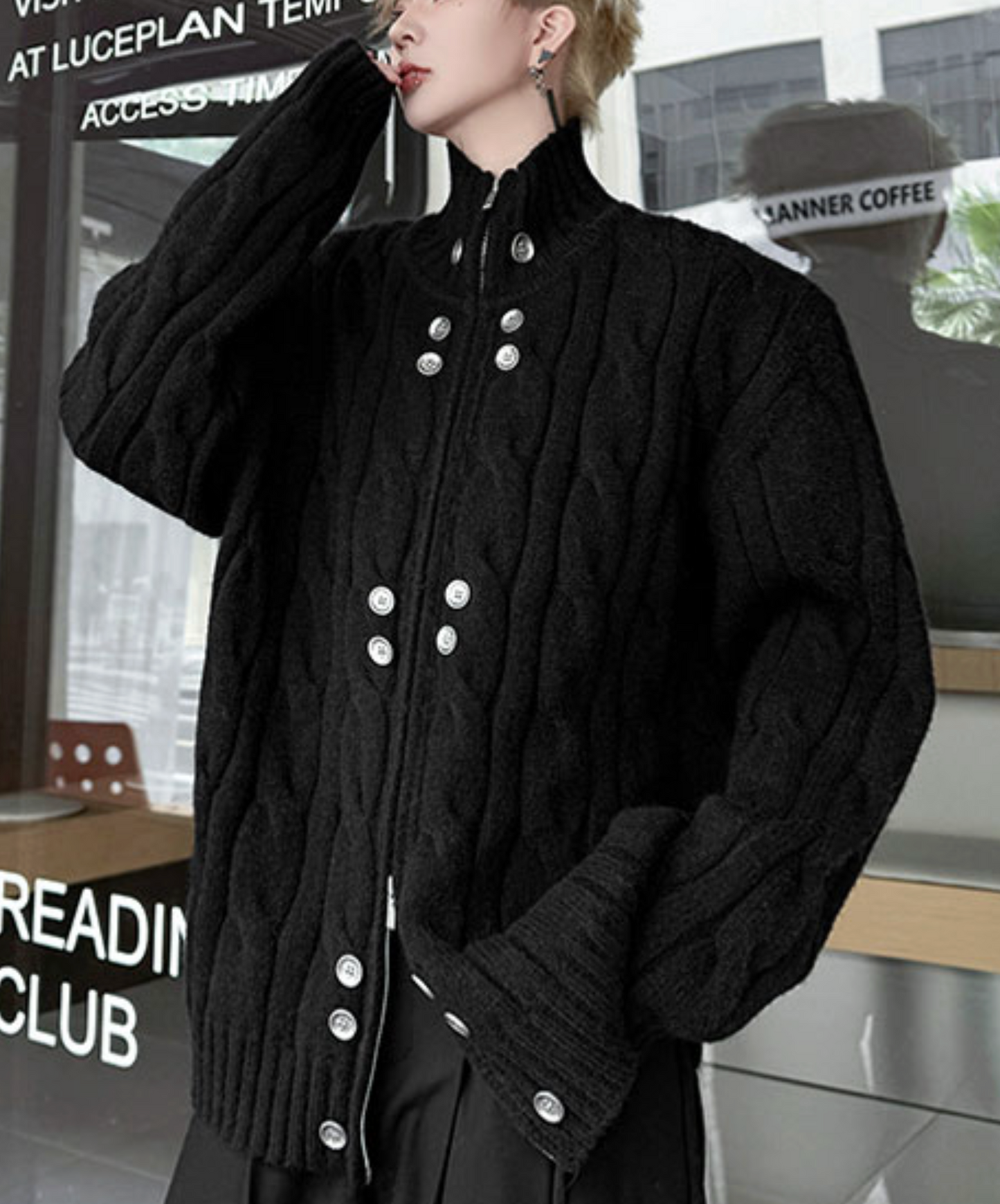 button design stand collar loose sweater EN2475