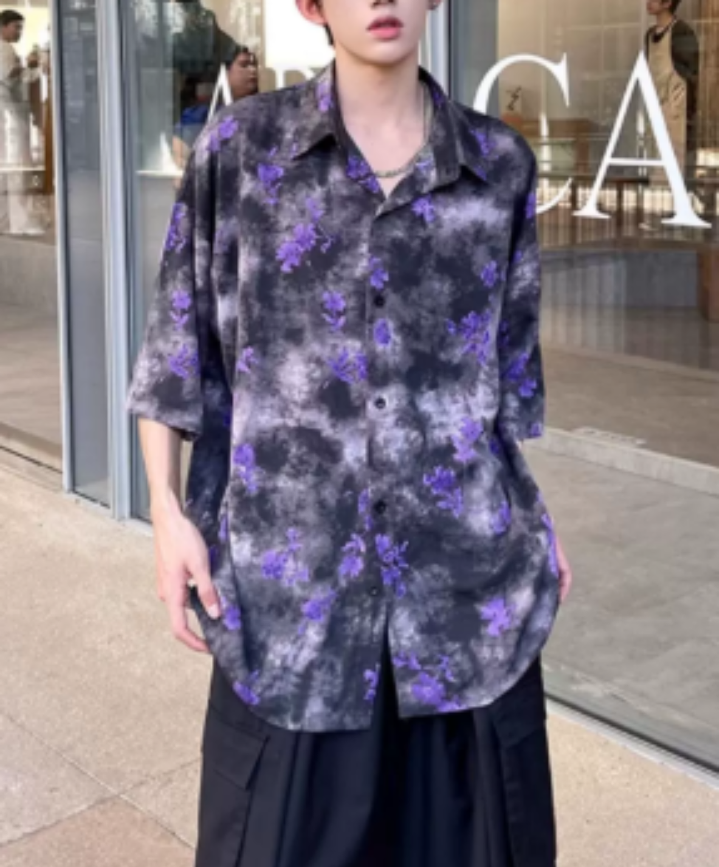 hawaiian-style print with purple flowers shirt EN2997