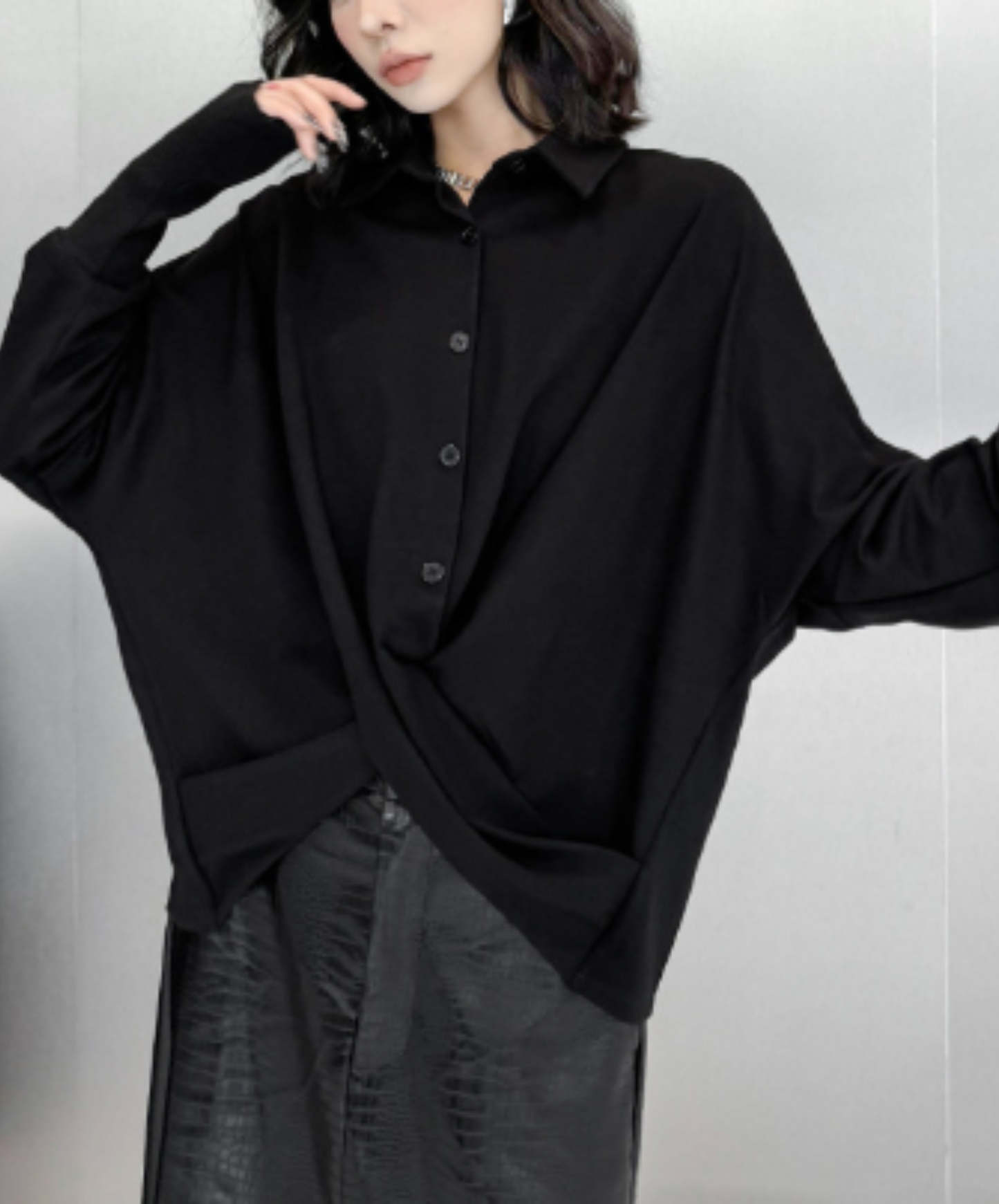 dark crossover-design dolman sleeves shirt EN3131