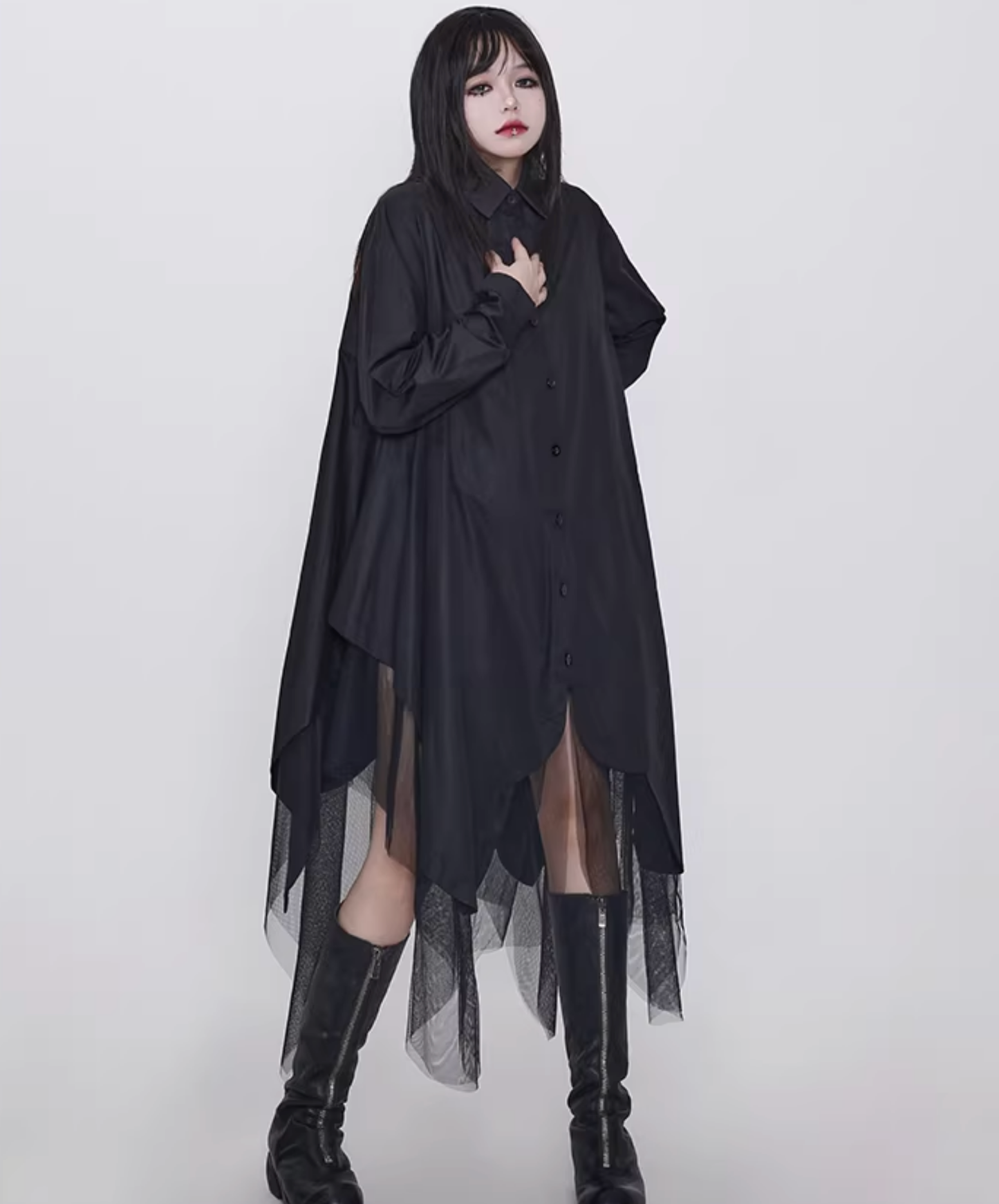 dark faux leather irregular patchwork long shirt EN2831