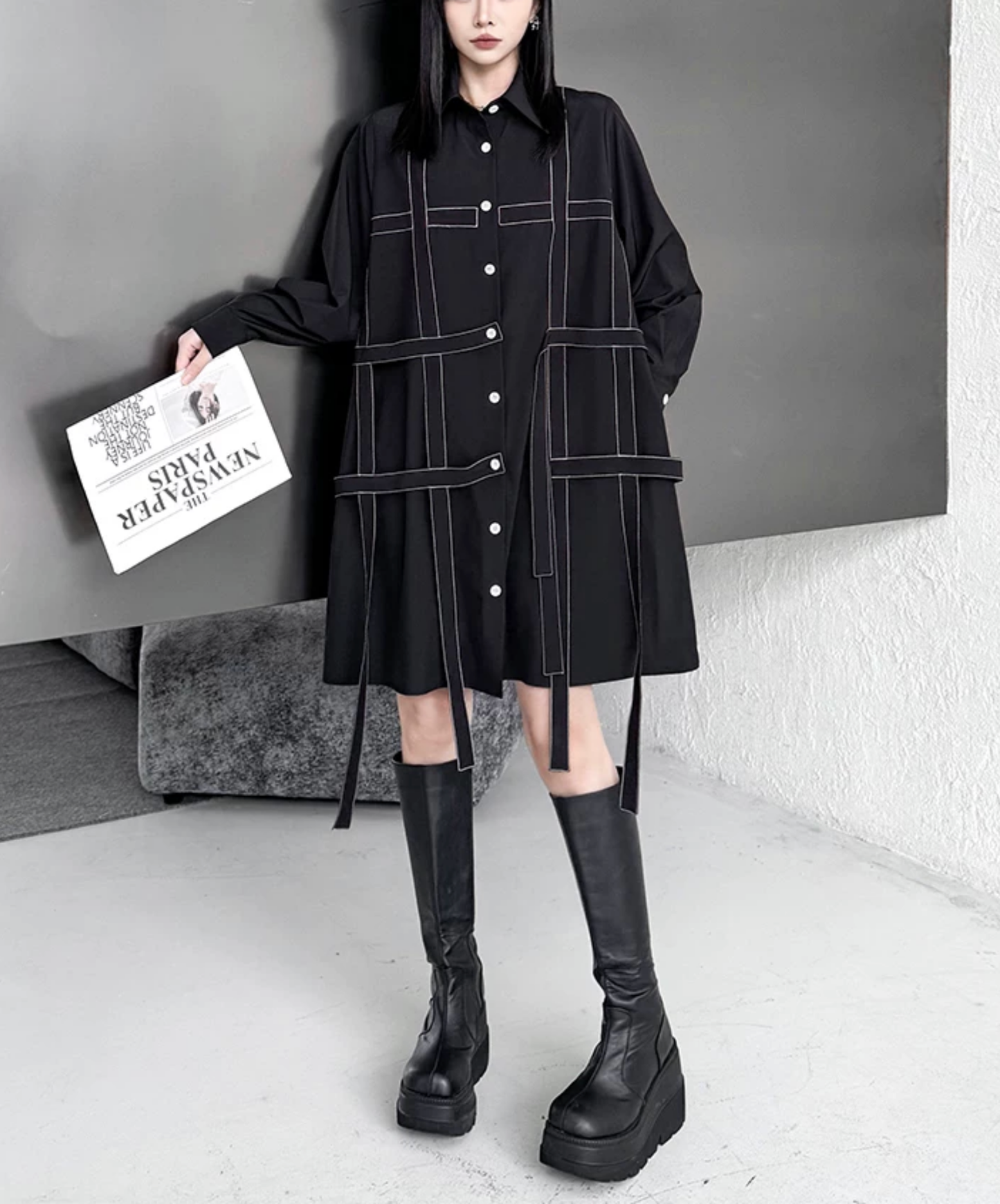 dark grid stitch decoration shirt EN2841