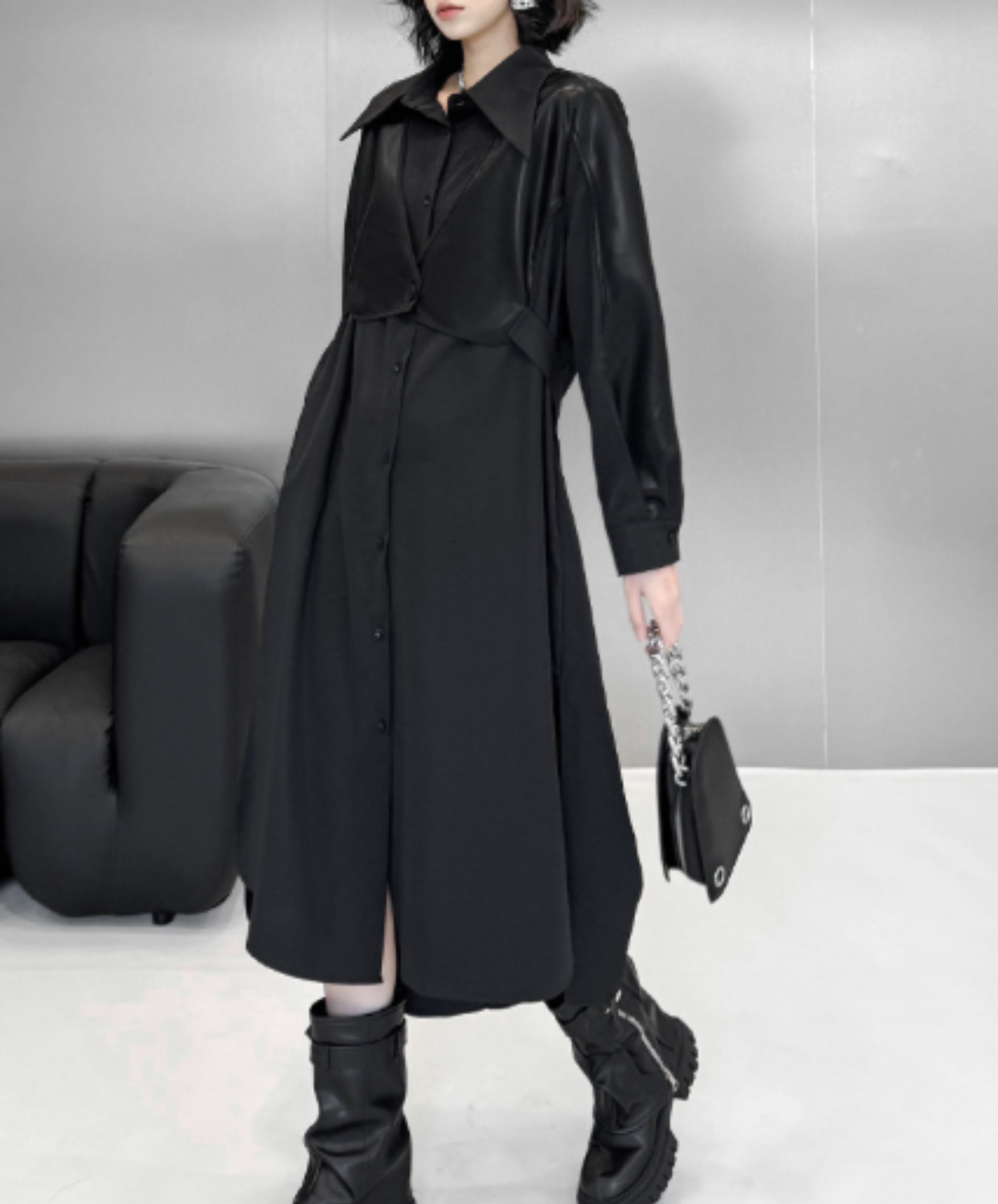 dark fishtail hem with a defined waist long shirt EN3114
