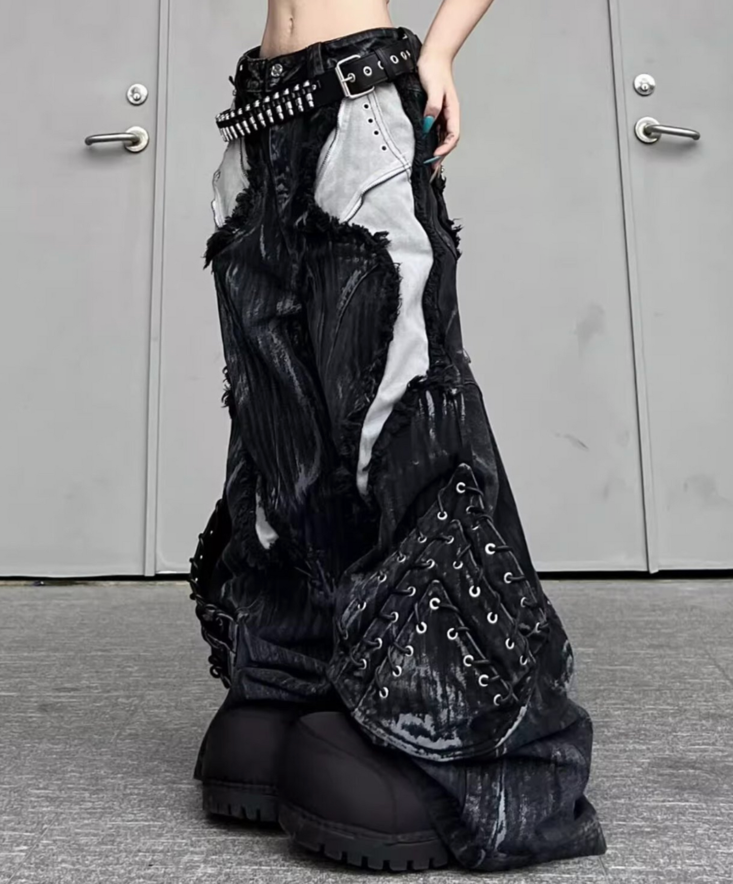 high damage lace up wide pants EN2628