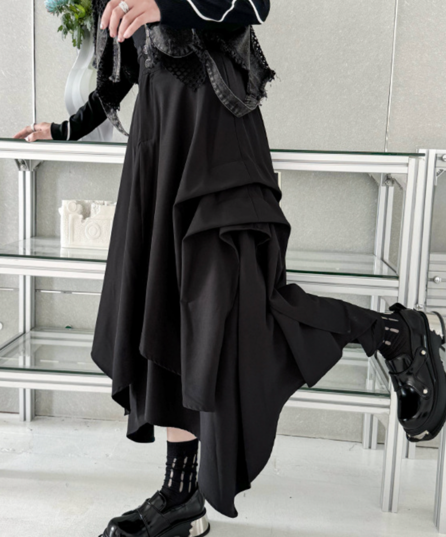 dark asymmetric drape buttons skirt EN2330