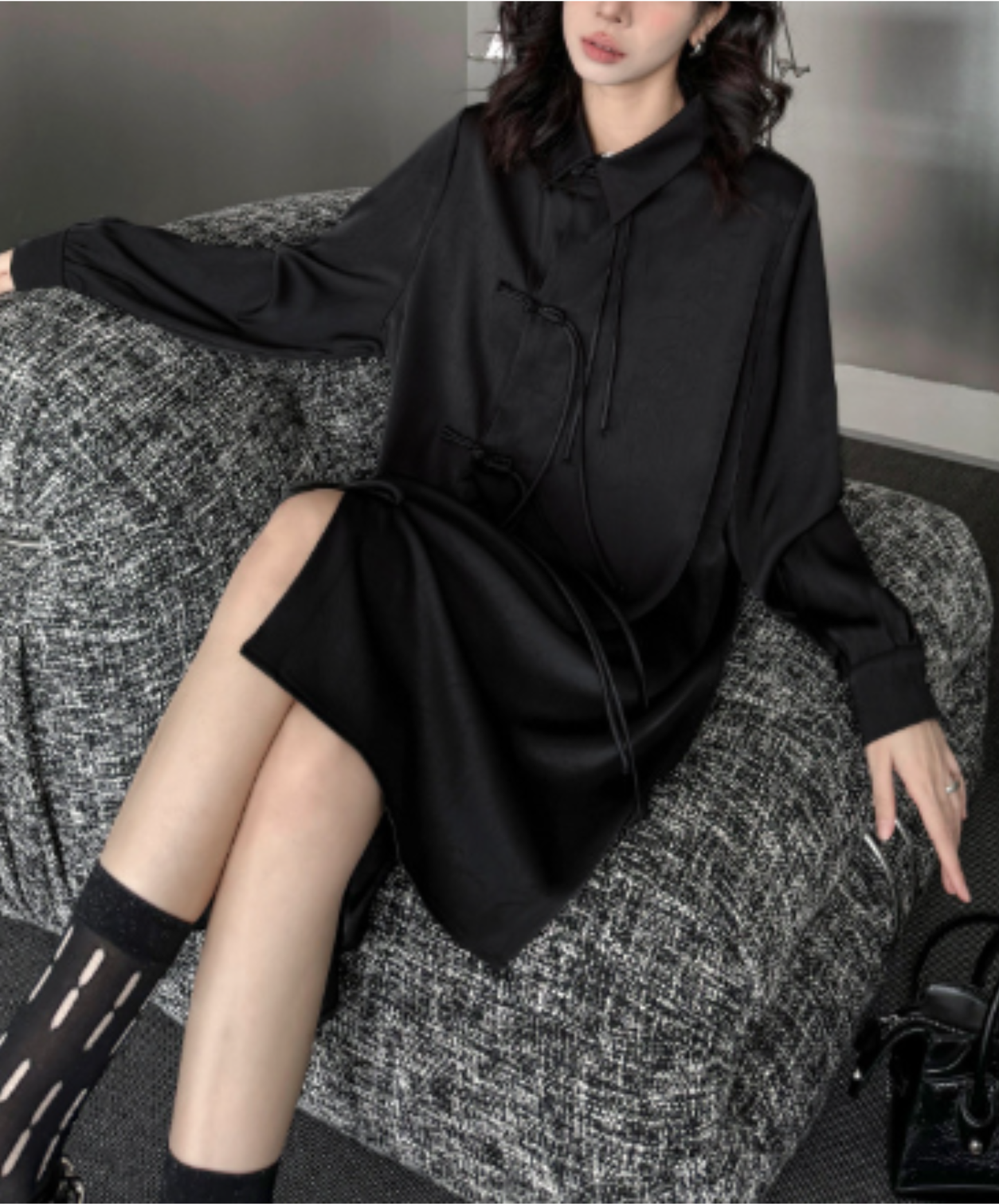 dark chinese-style irregular-cut button long shirt EN3109