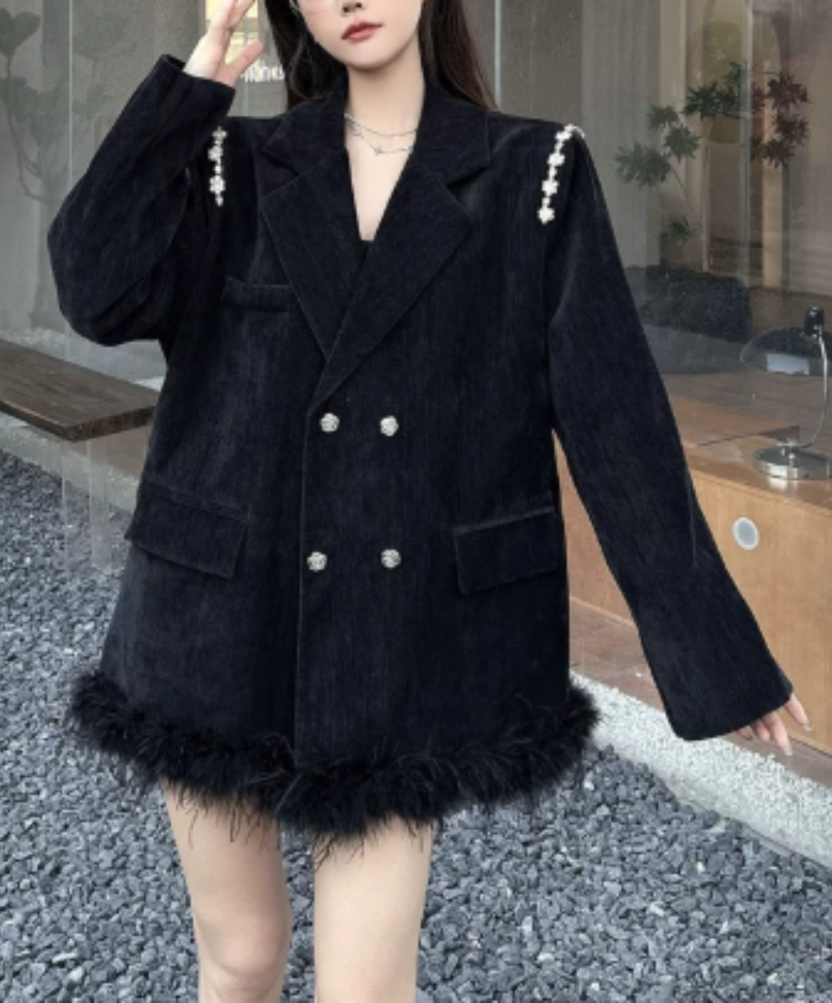 dark fur hem with floral lace embellishment jacket EN3191