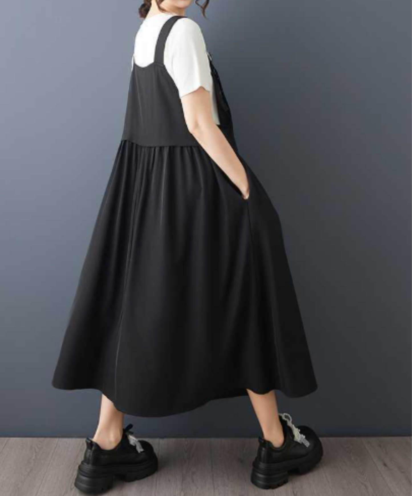 dark a-line suspender dress overalls EN3049