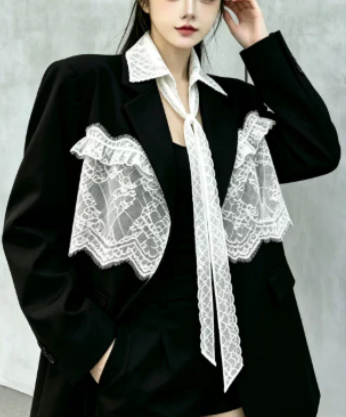 panelled design with a lace bow tie jacket EN3166