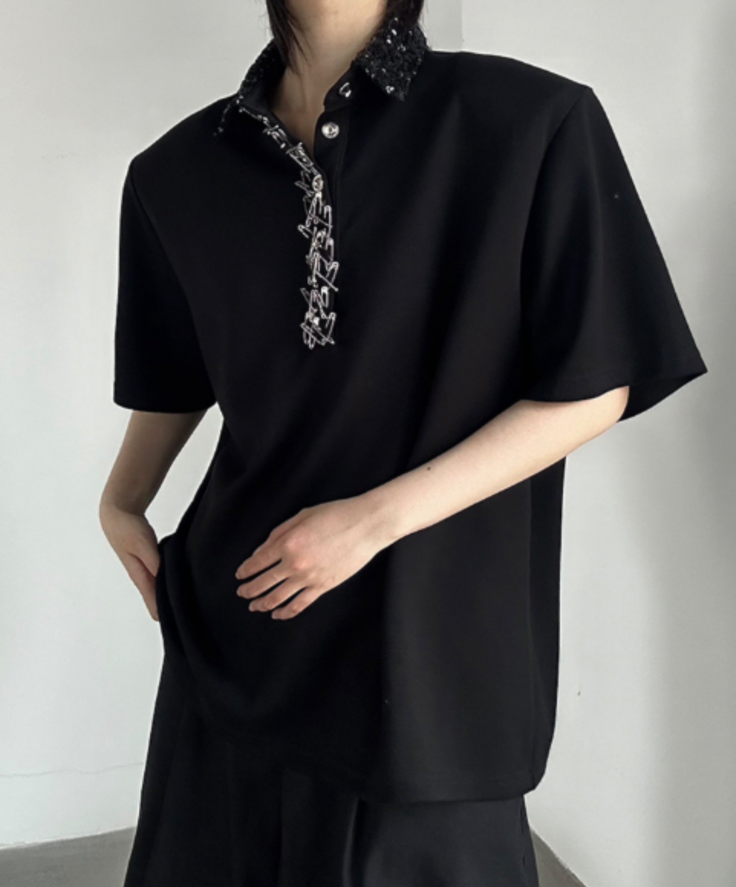 metallic sequin collar shirt EN3071