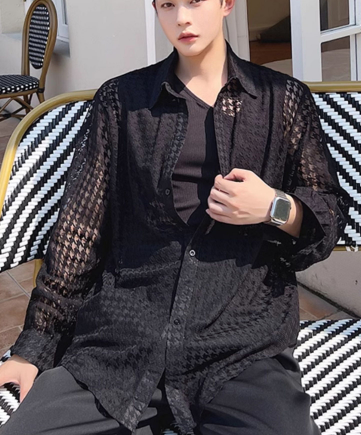 dark houndstooth sheer shirt EN2109