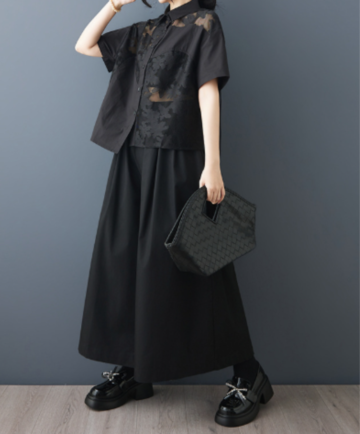 openwork patchwork sheer shirt EN2978