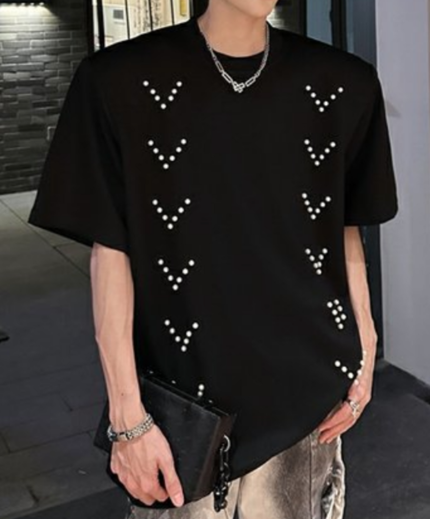 v pearl decoration t-shirt EN2090