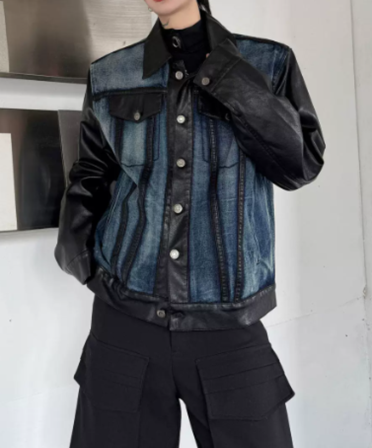 gradient mixed-material paneling jacket EN3240