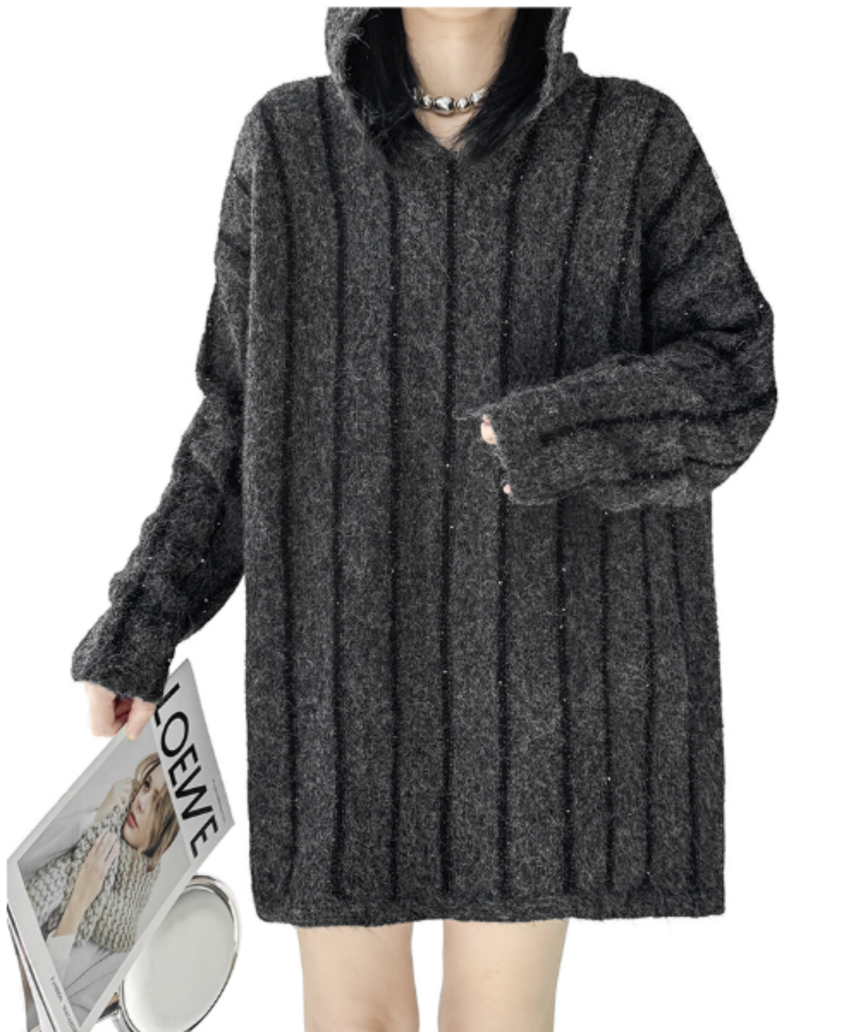 hood design with a striped knit pattern sweater EN3204