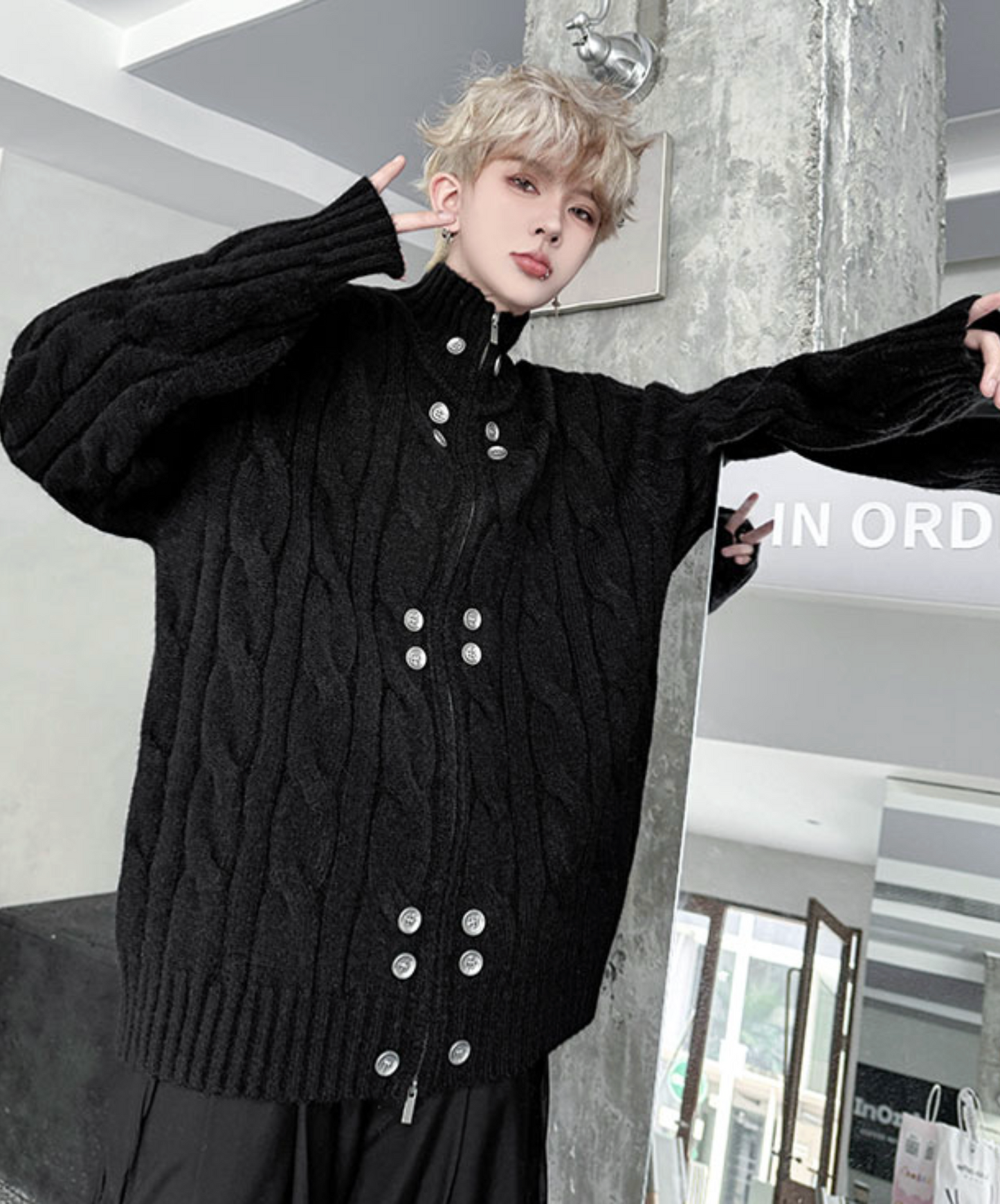 button design stand collar loose sweater EN2475