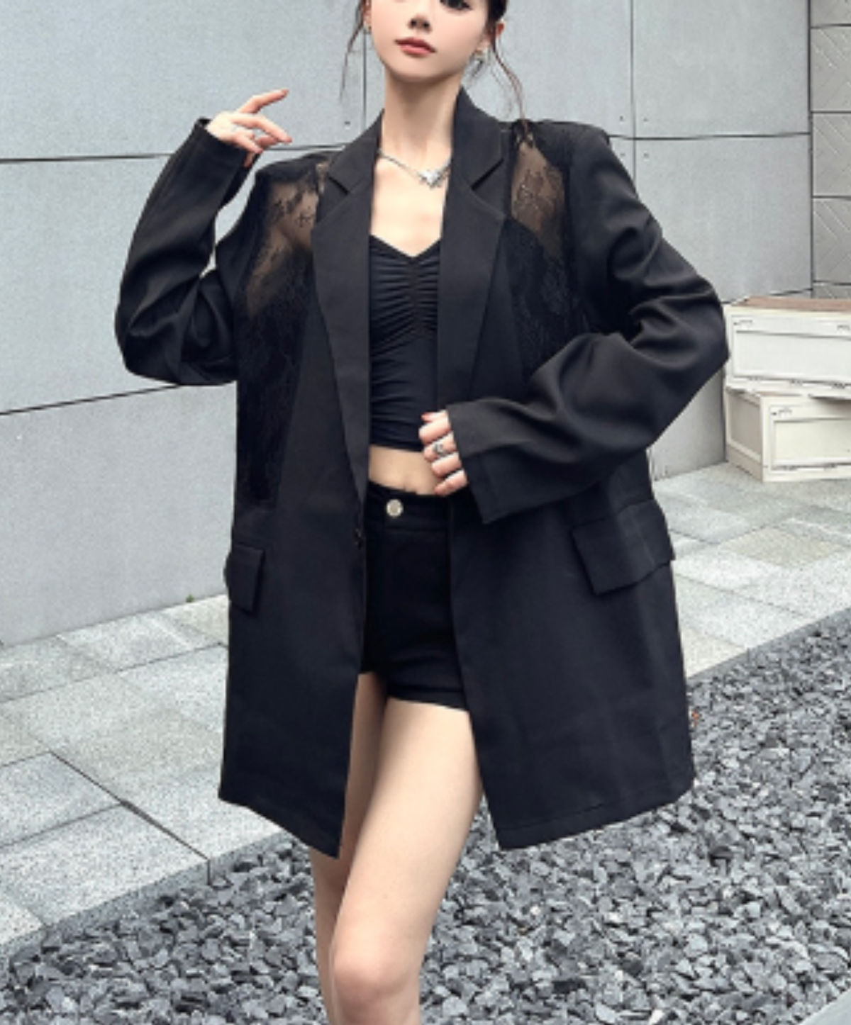 sheer lace panel design jacket EN3184