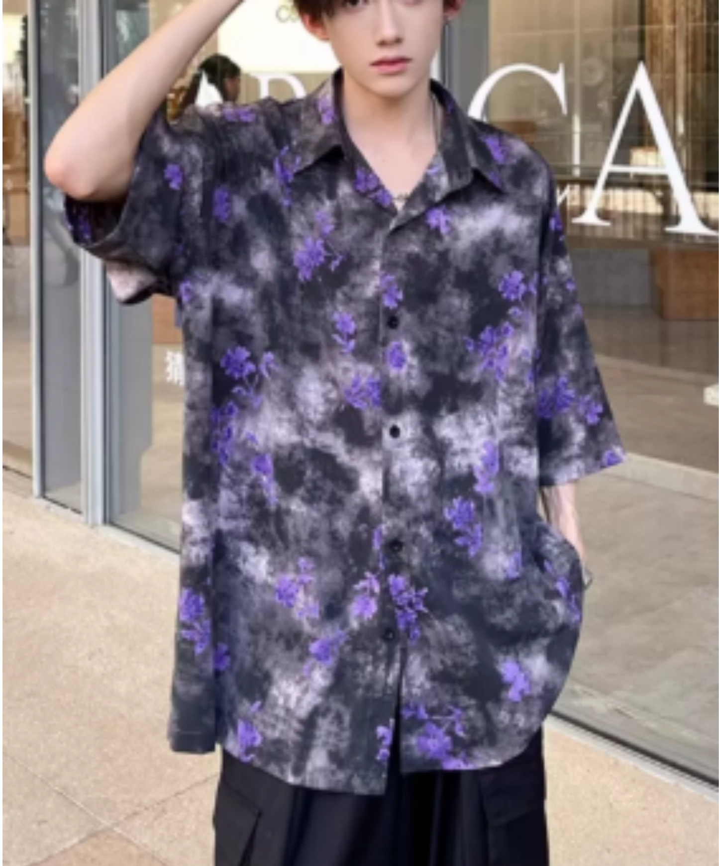 hawaiian-style print with purple flowers shirt EN2997
