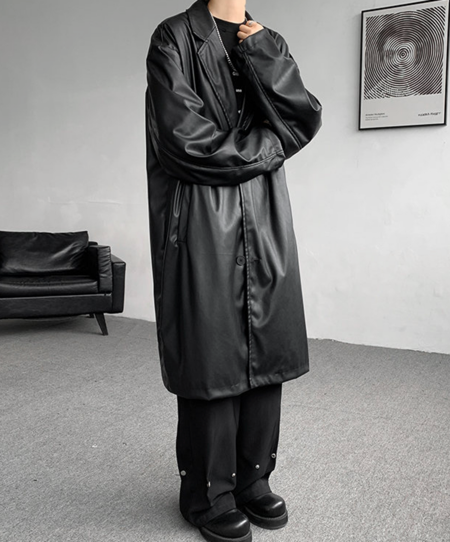 dark retro long pu leather coat EN2510