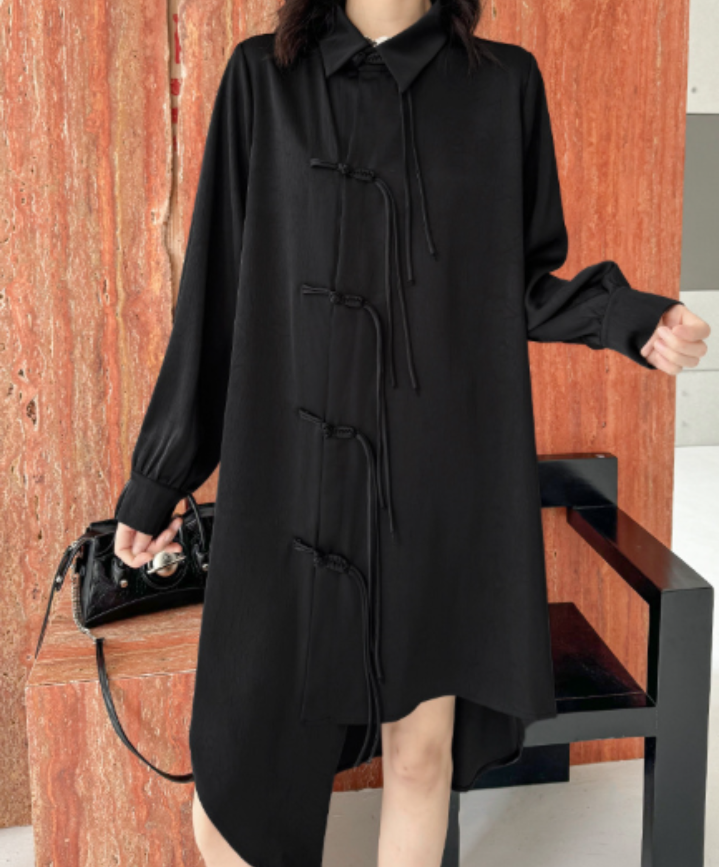 dark chinese-style irregular-cut button long shirt EN3109
