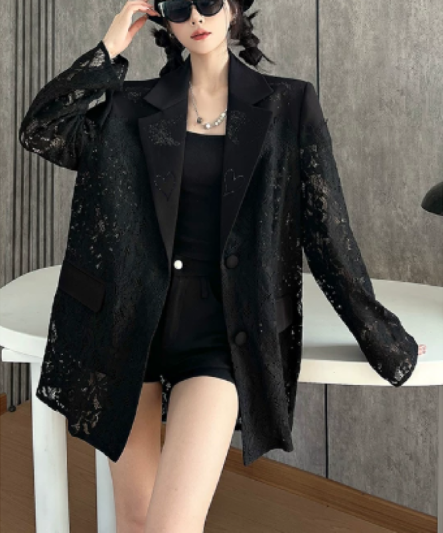 dark lace-panelled openwork design jacket EN3139