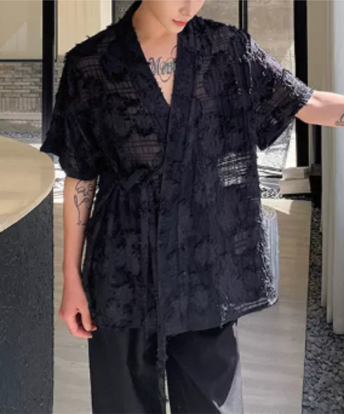 jacquard v-neck sheer shirt EN3020