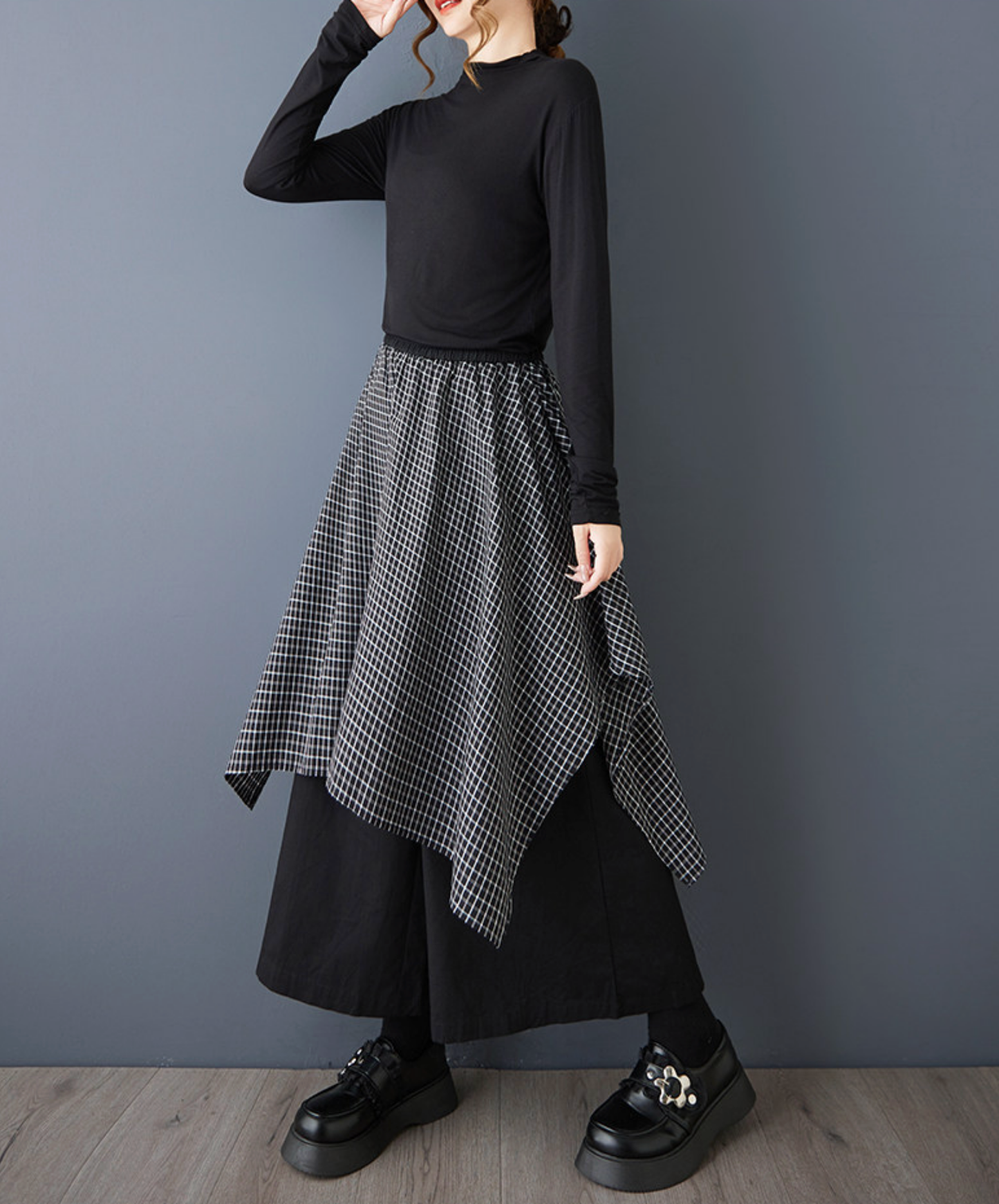 dark fake two-piece checkered flare wide pants EN2767