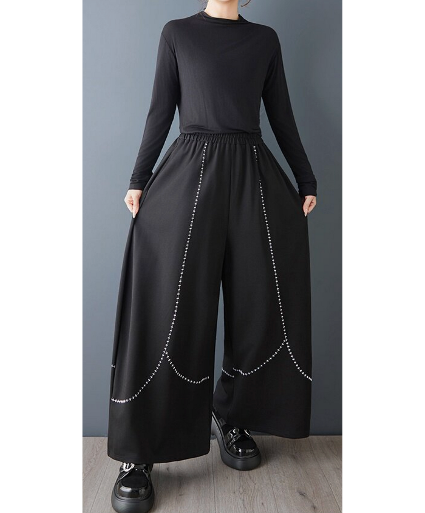 dark embroidery color block wide pants EN2728