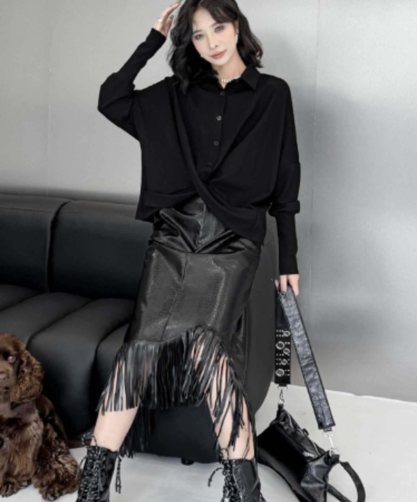 dark crossover-design dolman sleeves shirt EN3131