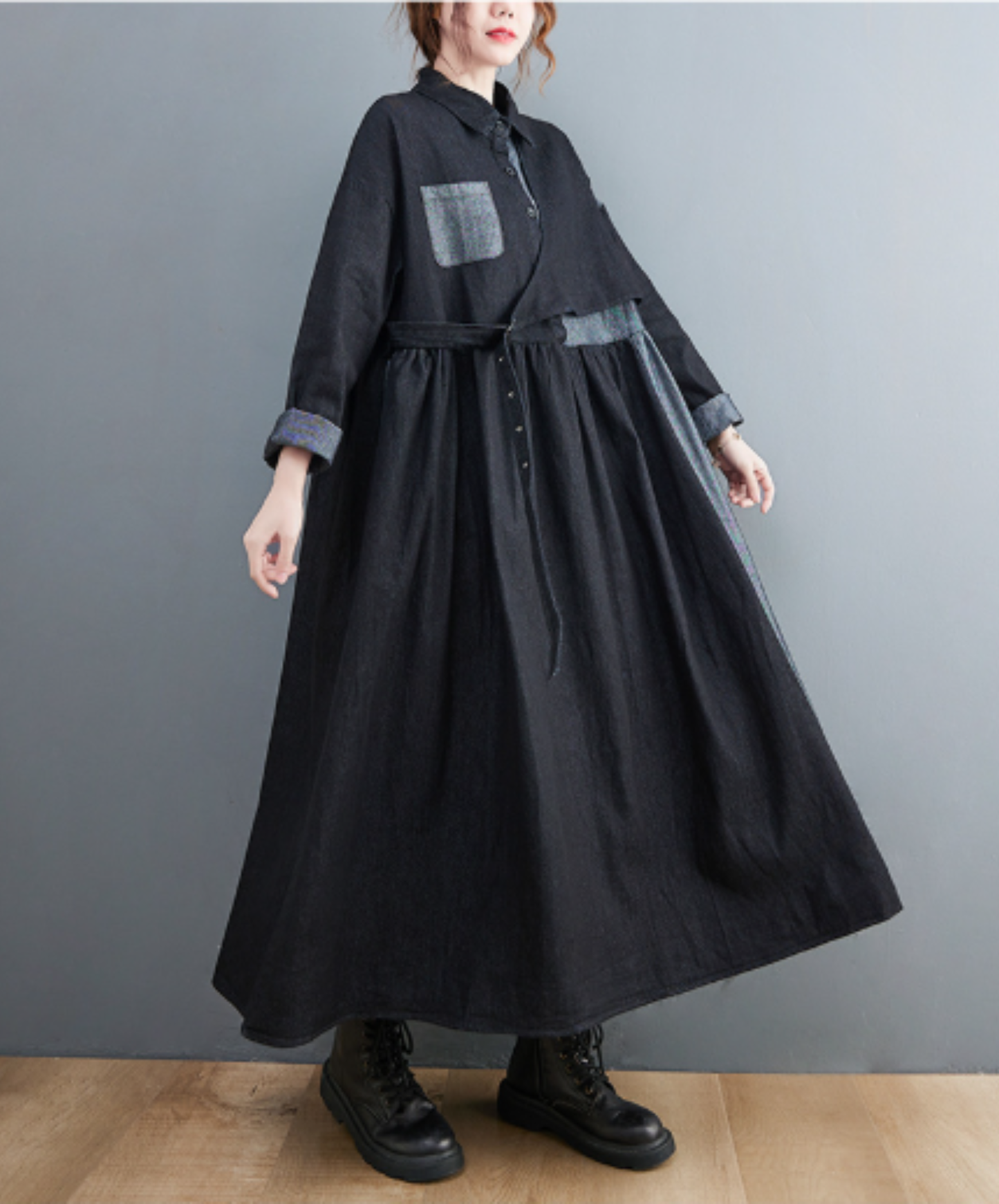 oversized style with denim paneling long shirt EN3067