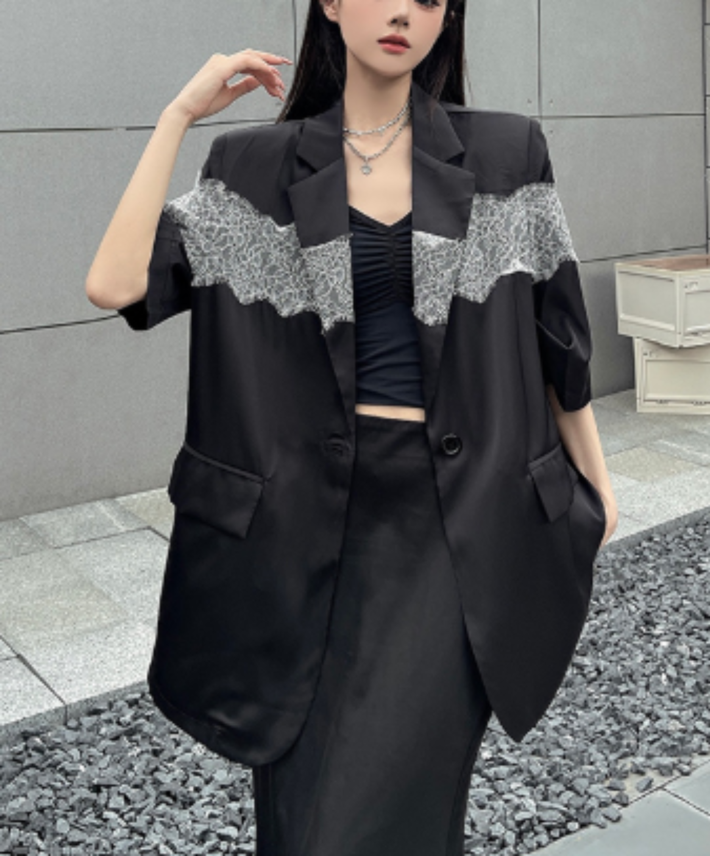 sheer with lace trim jacket EN3077