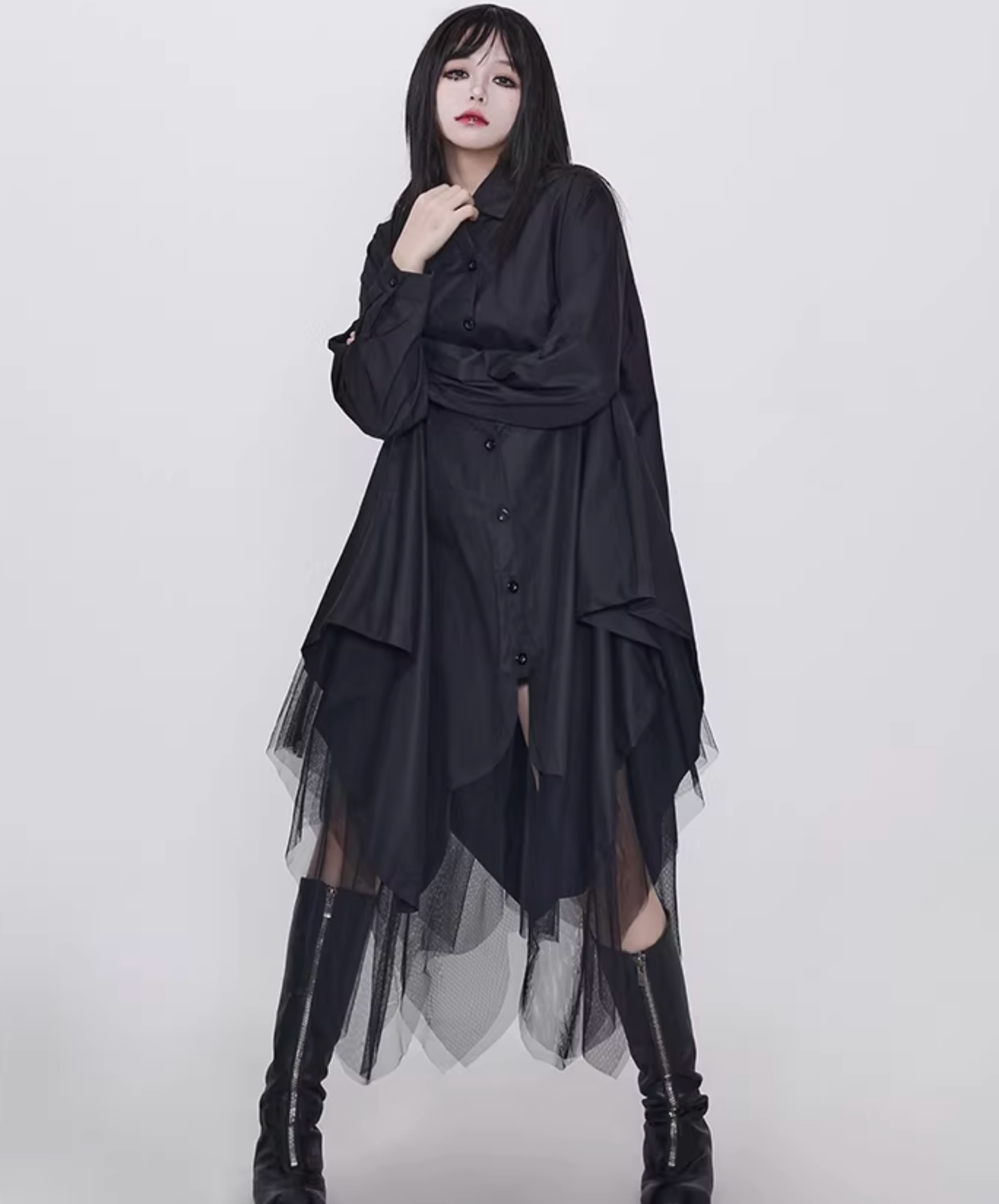 dark faux leather irregular patchwork long shirt EN2831