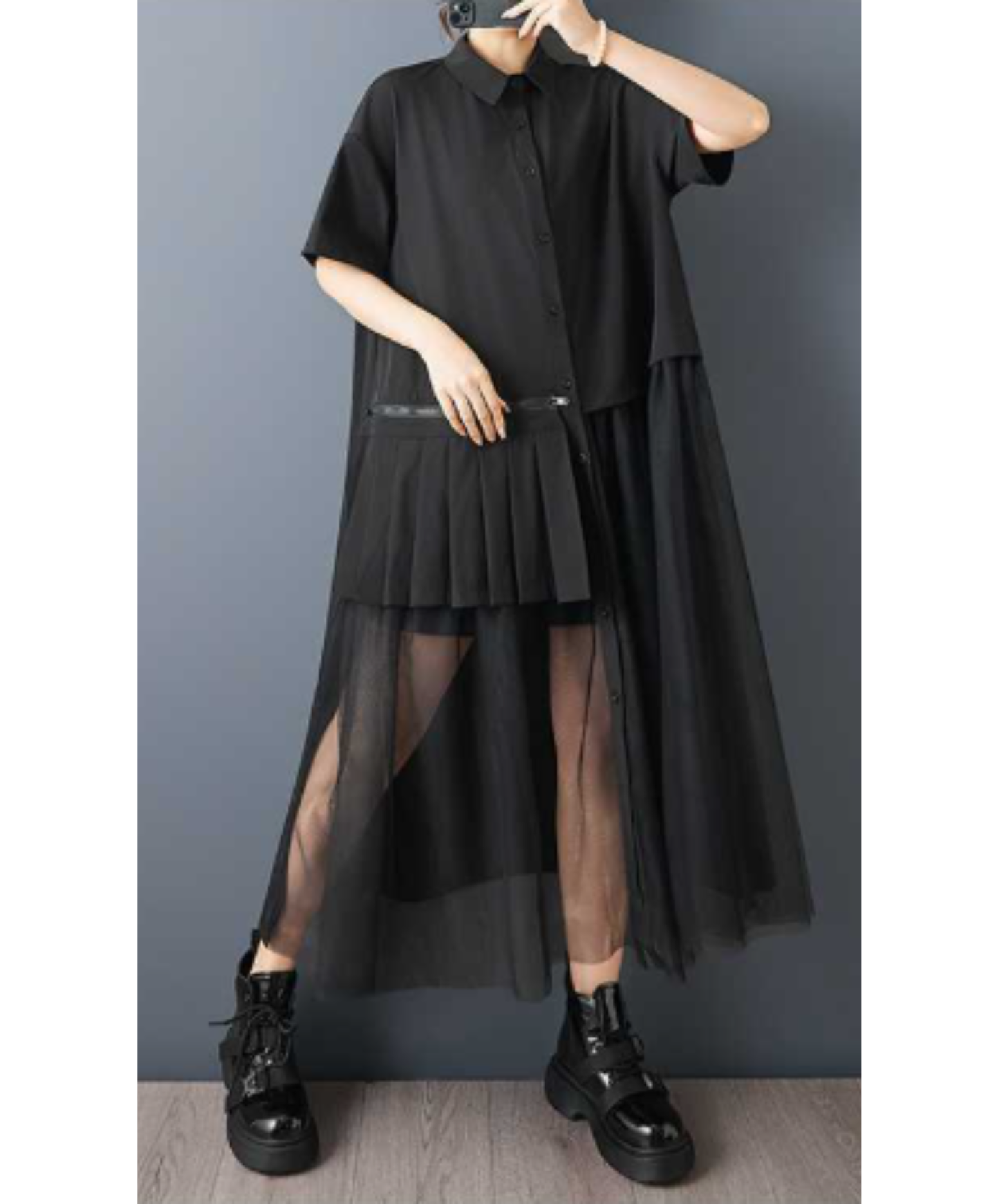 asymmetric mesh long shirt EN2895