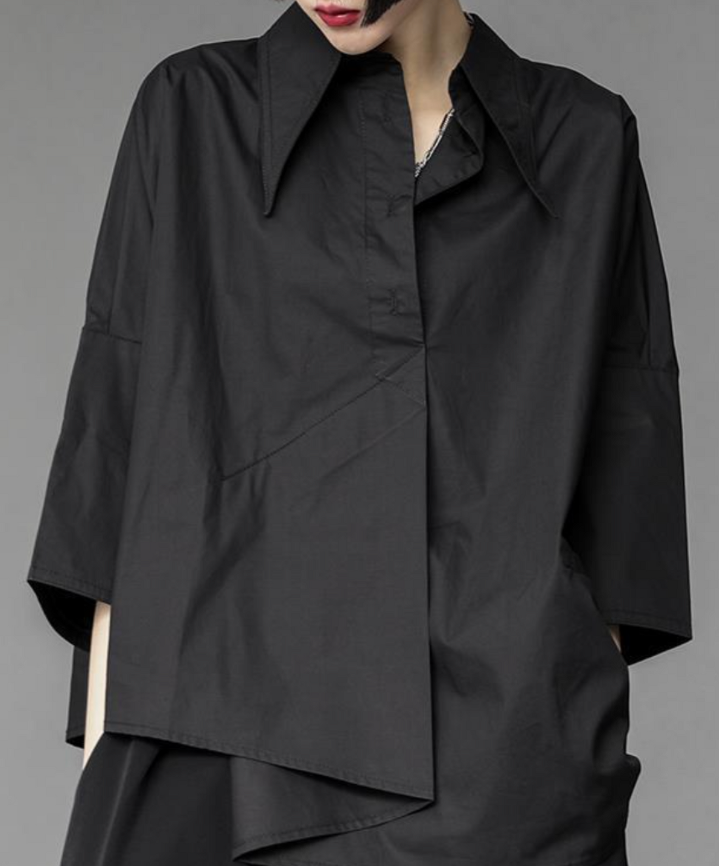 dark asymmetric tuck drape shirt EN2141