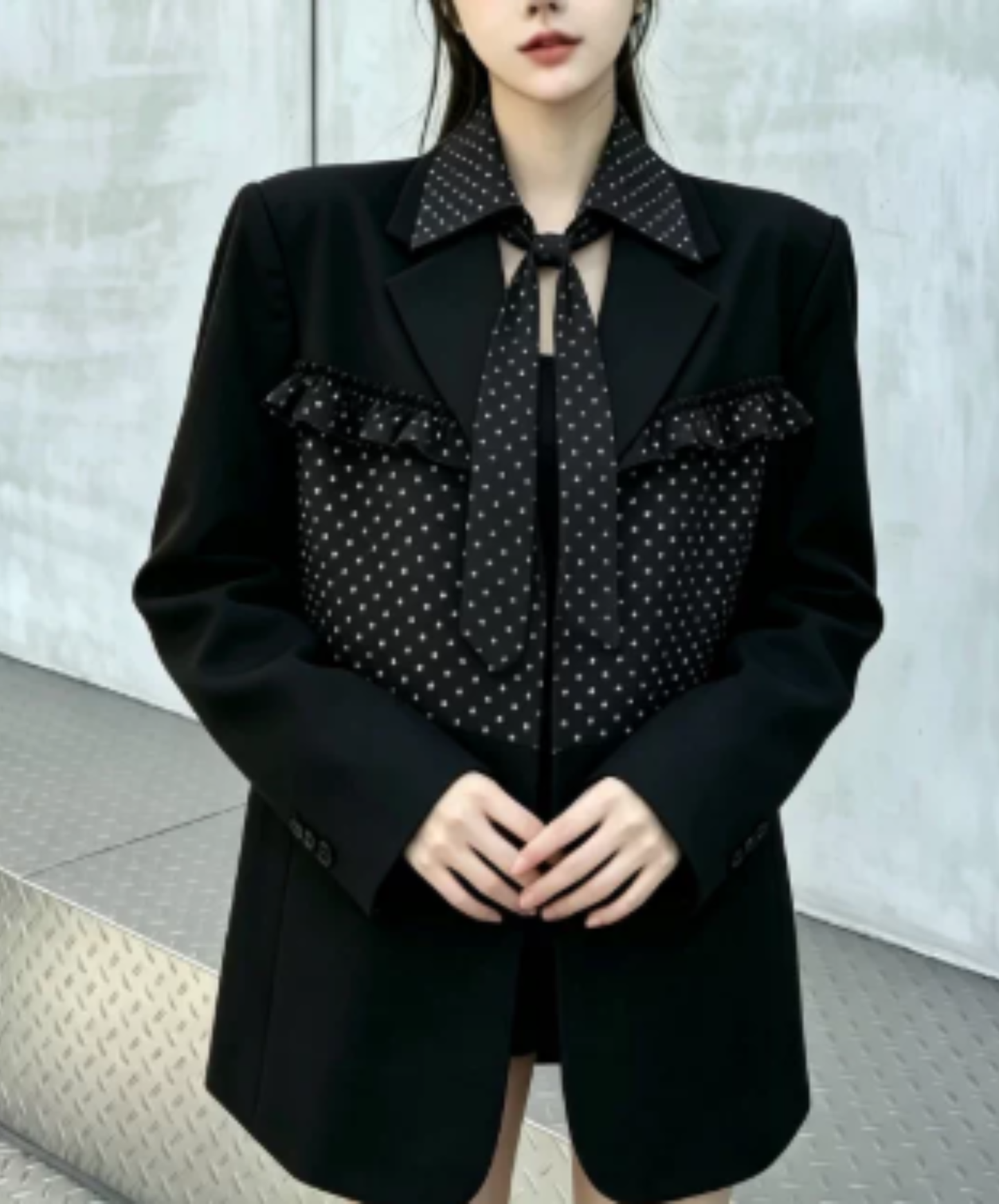 ruffle detail with a polka-dot bow tie jacket EN3167