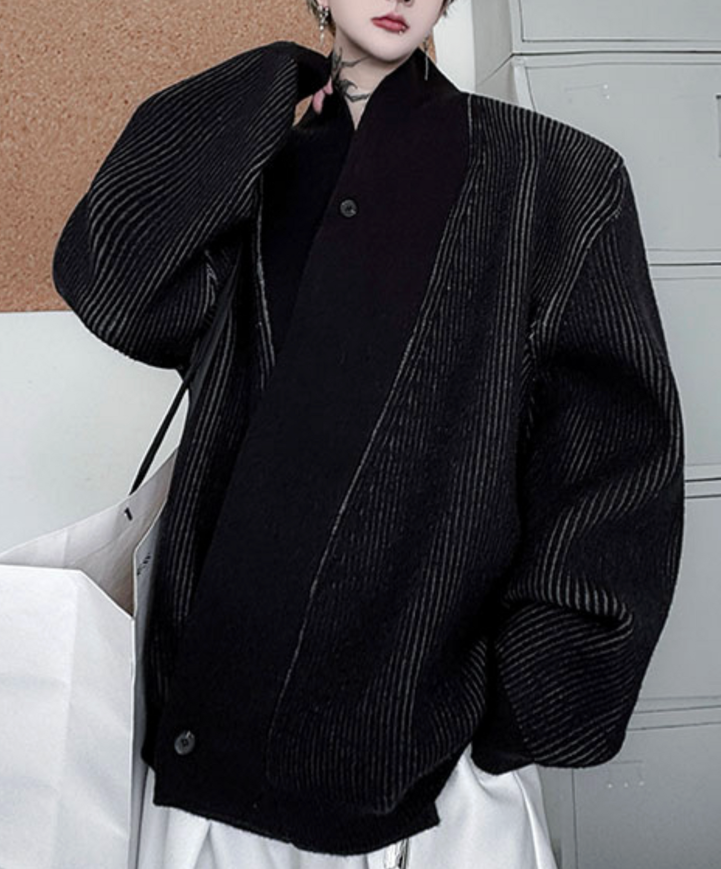 plain x striped knit cardigan EN2531