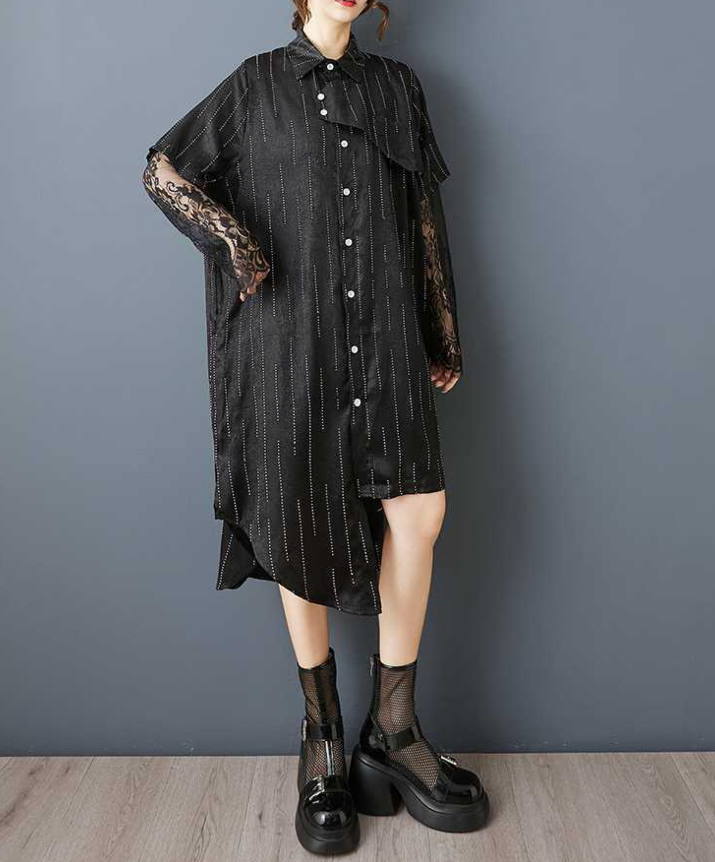 diamond stripe stitch lace long shirt EN2837
