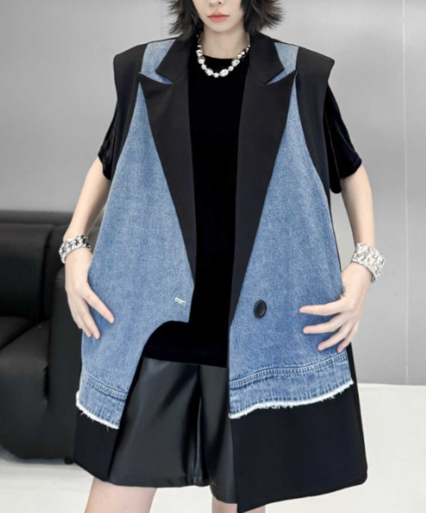 denim patchwork asymmetric vest EN2893