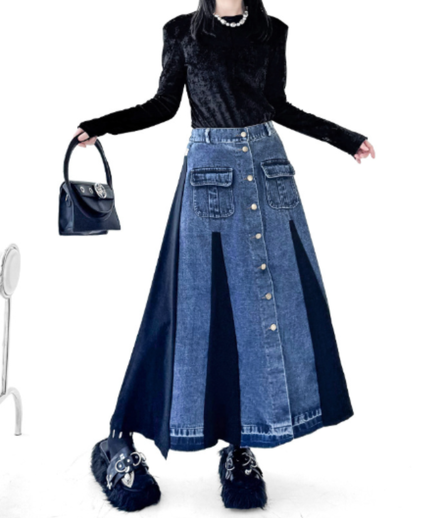 a-line denim patchwork piece skirt EN3113