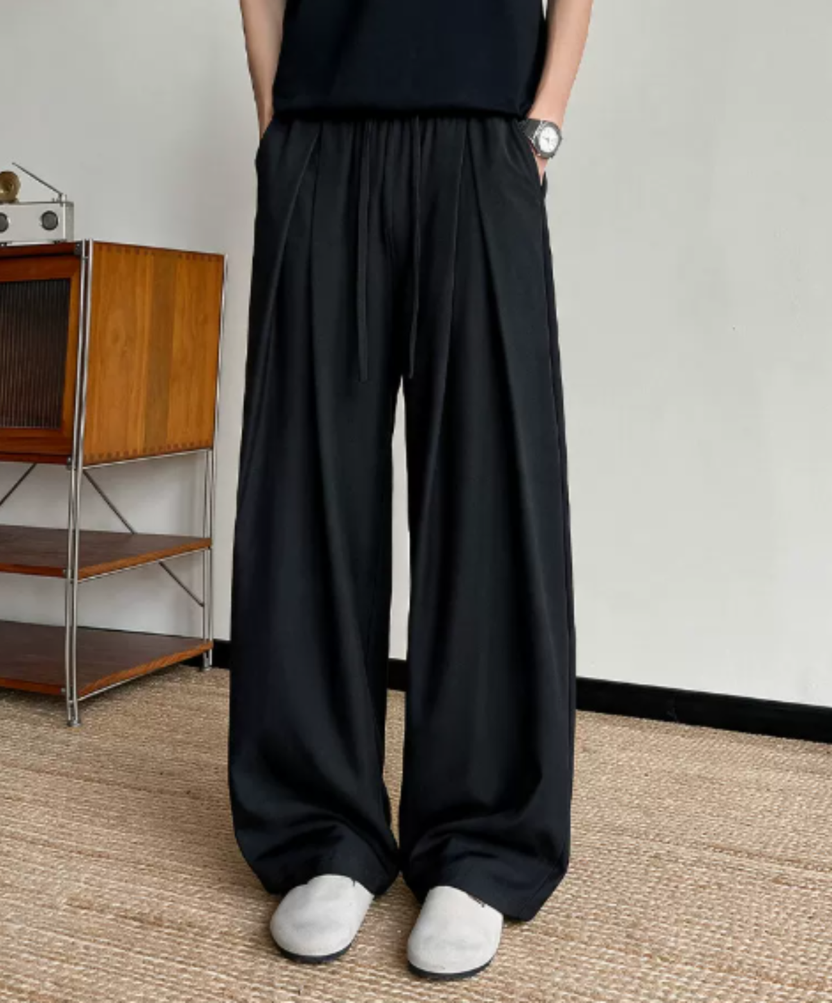 deep-pleat drawstring wide pants EN3208