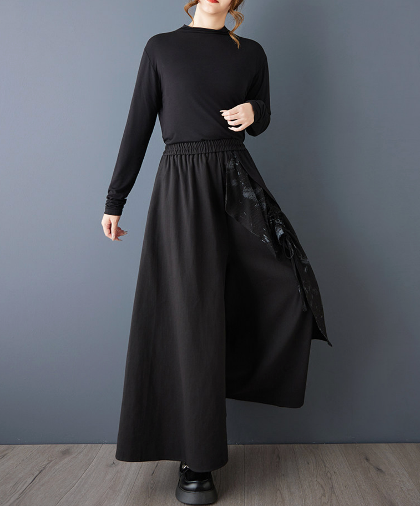 dark printed patchwork asymmetric wide pants EN2735