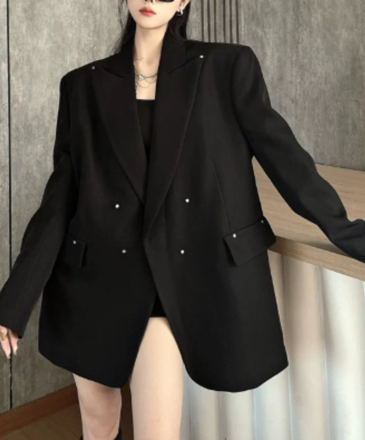 dark shaggy lapel mixed-material paneling jacket EN3190