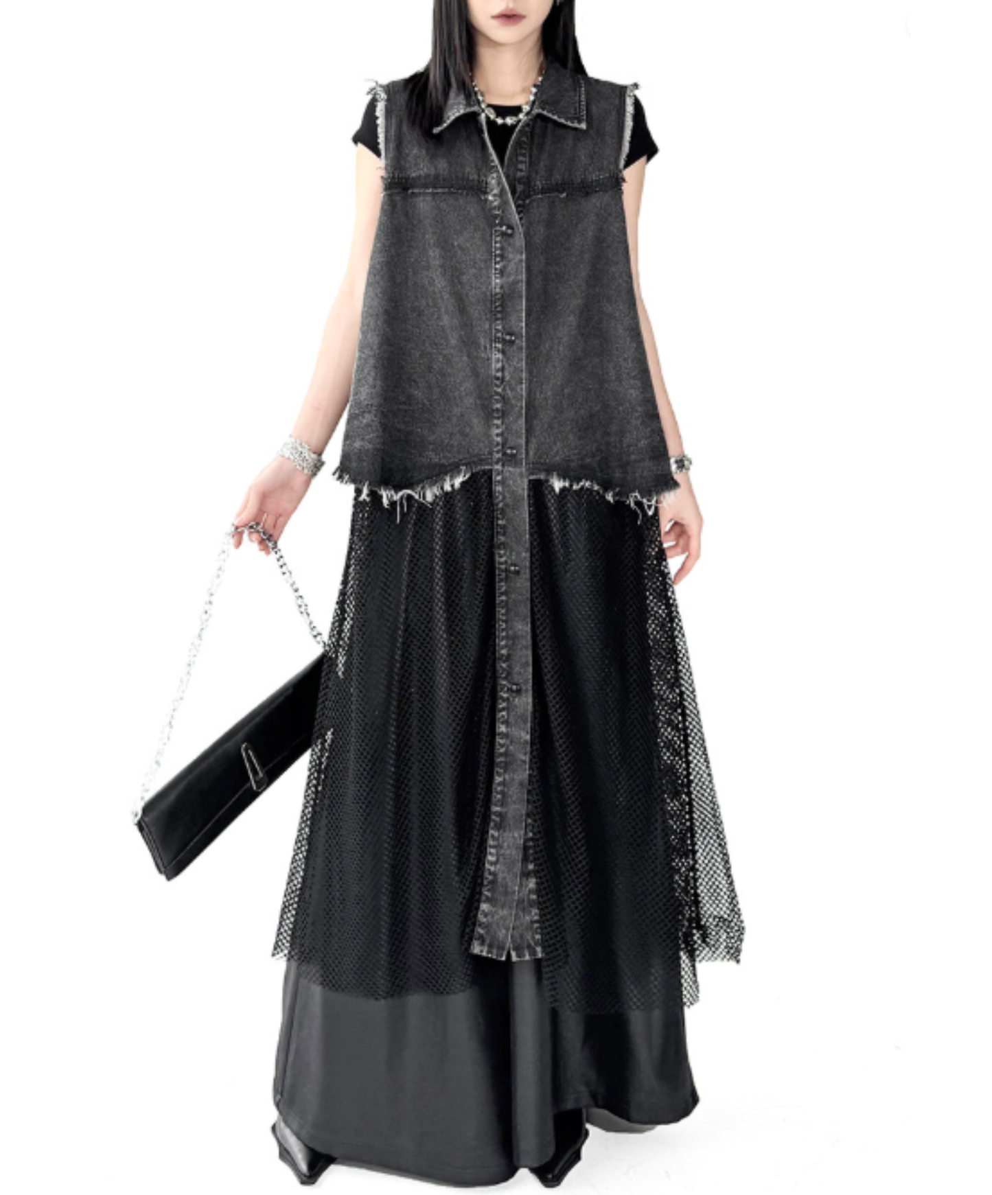 denim patchwork mesh long shirt EN3047