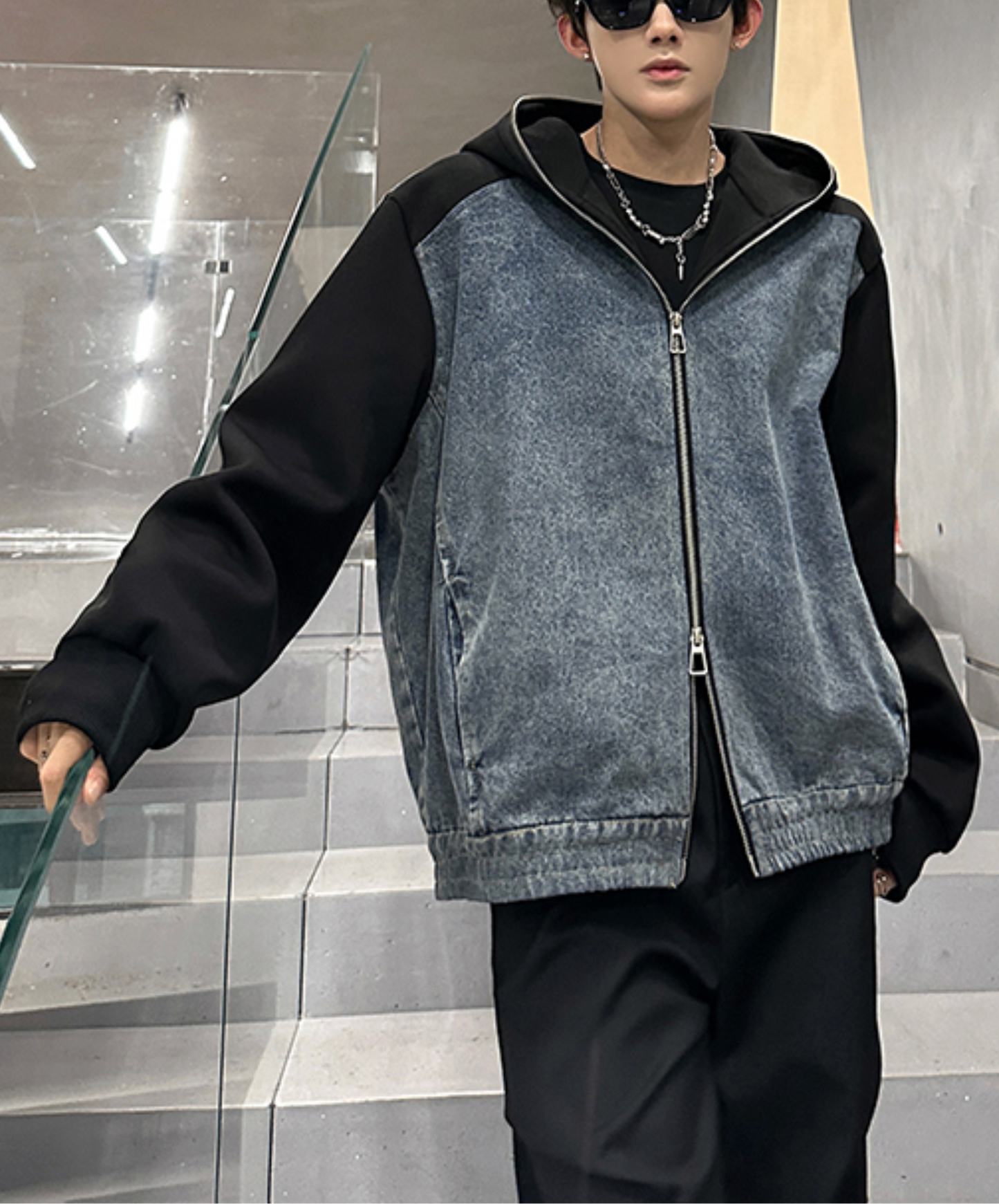 retro denim patchwork hoodie EN2476