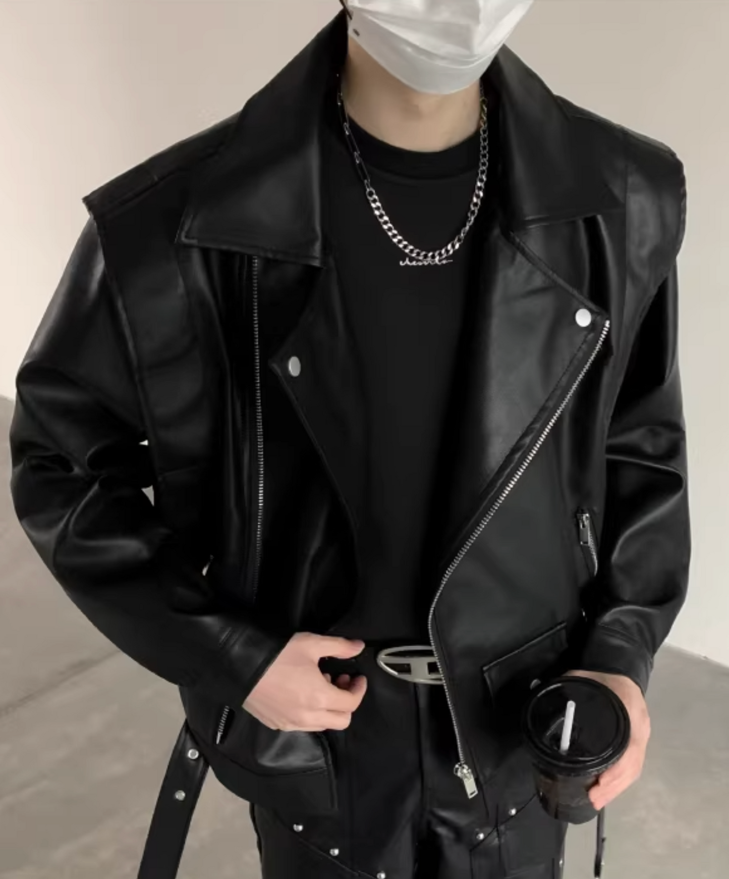 loose lapel pu leather jacket EN2621